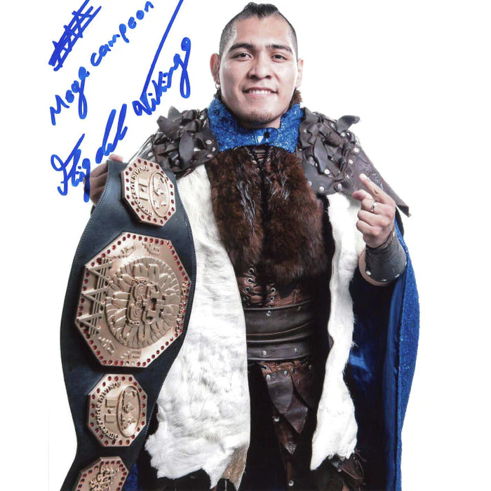 El Hijo del Vikingo Holding Title Belt 8 x 10 Promo - AUTOGRAPHED