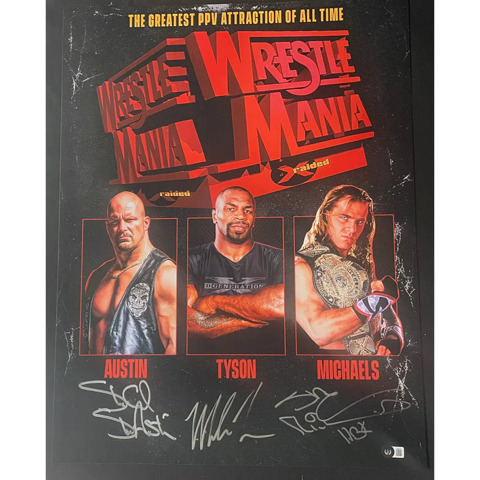 Steve Austin, Mike Tyson, & Shawn Michaels Triple Signed 18x24 Poster - Beckett Autographed